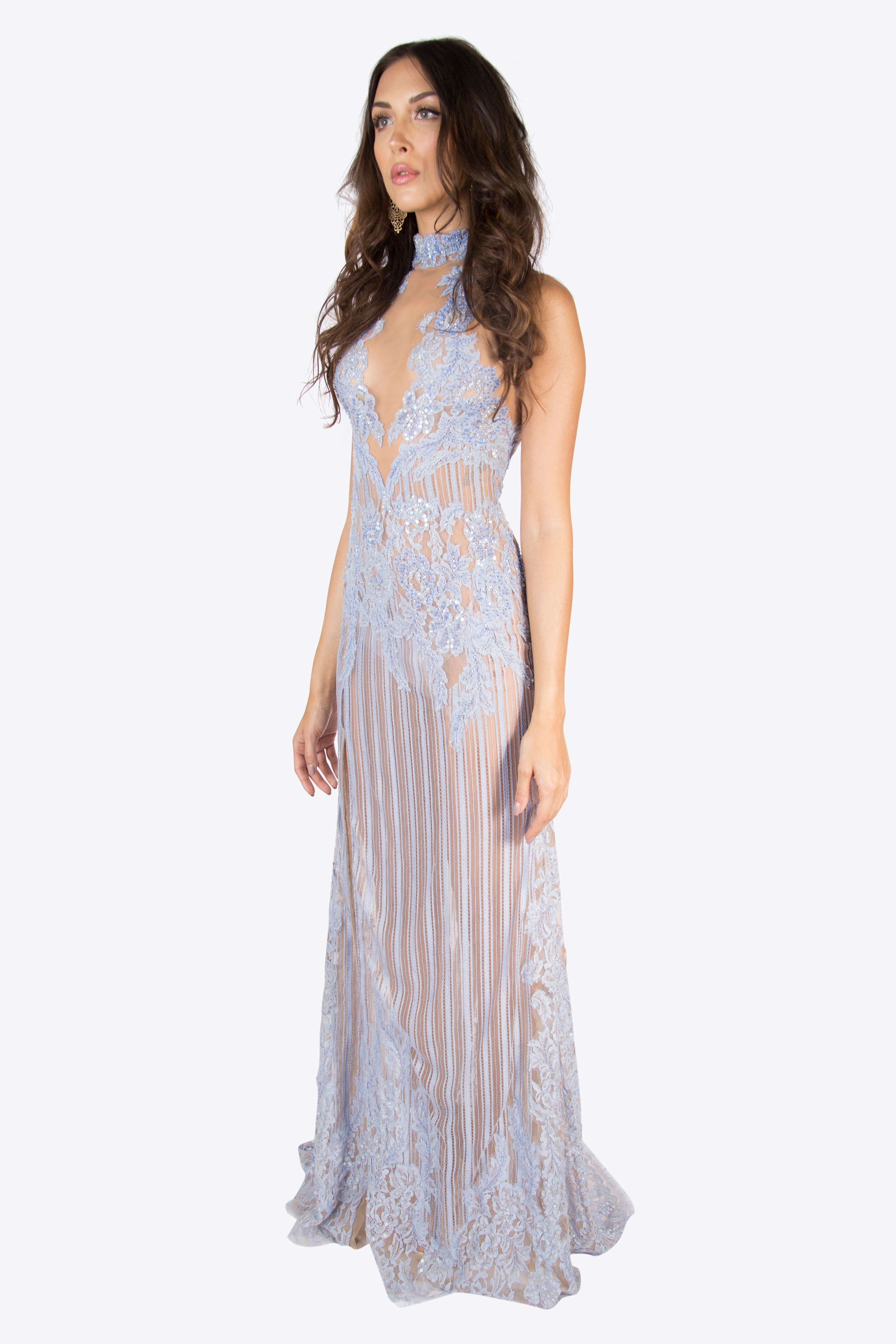 Ellena Beaded-Lace Illusion Gown